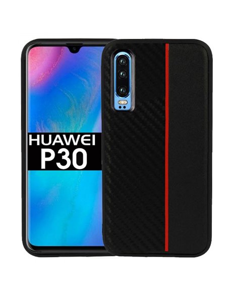 CUSTODIA per HUAWEI P30 IN GEL TPU SILICONE COLORE NERO EFFETTO CARBONIO CON INSERTO ROSSO