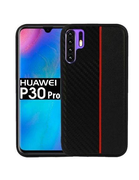 CUSTODIA per HUAWEI P30 PRO, P30 PRO NEW EDITION - IN GEL TPU SILICONE COLORE NERO EFFETTO CARBONIO CON INSERTO ROSSO