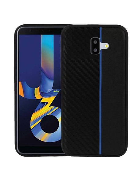 CUSTODIA per SAMSUNG GALAXY J6 PLUS (SM-J610) IN GEL TPU SILICONE COLORE NERO EFFETTO CARBONIO CON INSERTO BLU