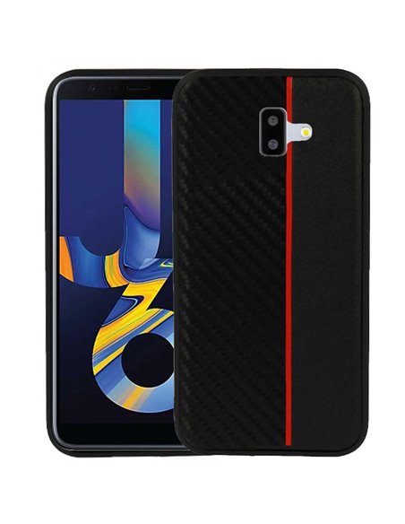 CUSTODIA per SAMSUNG GALAXY J6 PLUS (SM-J610) IN GEL TPU SILICONE COLORE NERO EFFETTO CARBONIO CON INSERTO ROSSO