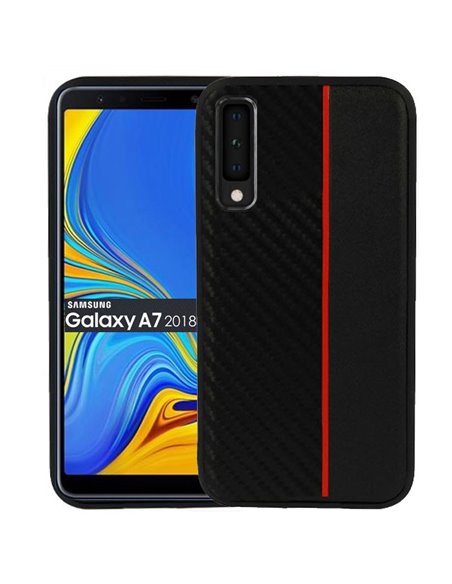 CUSTODIA per SAMSUNG GALAXY A7 2018 (SM-A750) IN GEL TPU SILICONE COLORE NERO EFFETTO CARBONIO CON INSERTO ROSSO