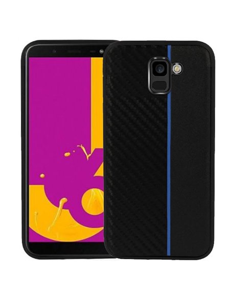 CUSTODIA per SAMSUNG GALAXY J6 2018 (SM-J600F) IN GEL TPU SILICONE COLORE NERO EFFETTO CARBONIO CON INSERTO BLU