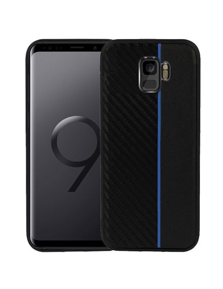 CUSTODIA per SAMSUNG GALAXY S9 (SM-G960) IN GEL TPU SILICONE COLORE NERO EFFETTO CARBONIO CON INSERTO BLU