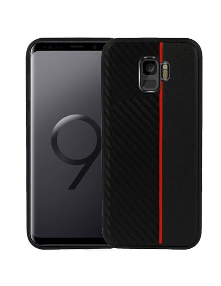 CUSTODIA per SAMSUNG GALAXY S9 (SM-G960) IN GEL TPU SILICONE COLORE NERO EFFETTO CARBONIO CON INSERTO ROSSO