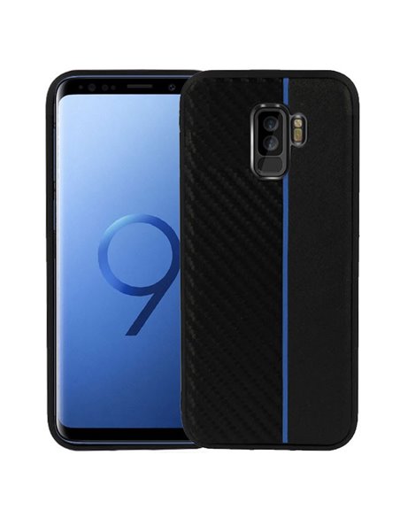 CUSTODIA per SAMSUNG GALAXY S9 PLUS (SM-G965) IN GEL TPU SILICONE COLORE NERO EFFETTO CARBONIO CON INSERTO BLU