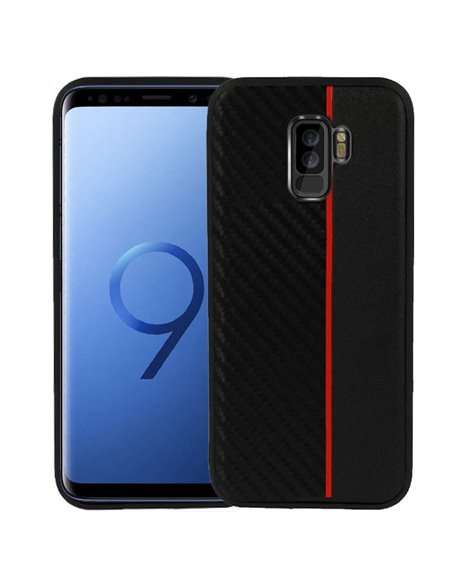 CUSTODIA per SAMSUNG GALAXY S9 PLUS (SM-G965) IN GEL TPU SILICONE COLORE NERO EFFETTO CARBONIO CON INSERTO ROSSO