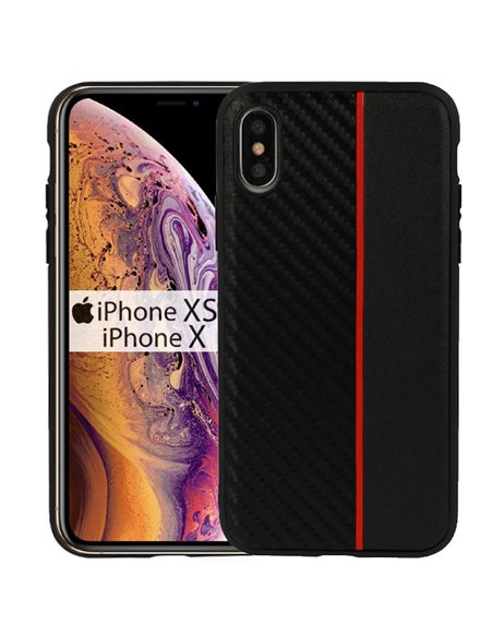 CUSTODIA per APPLE IPHONE X, IPHONE XS (5.8') IN GEL TPU SILICONE COLORE NERO EFFETTO CARBONIO CON INSERTO ROSSO