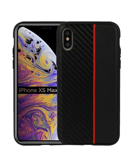 CUSTODIA per APPLE IPHONE XS MAX (6.5') IN GEL TPU SILICONE COLORE NERO EFFETTO CARBONIO CON INSERTO ROSSO