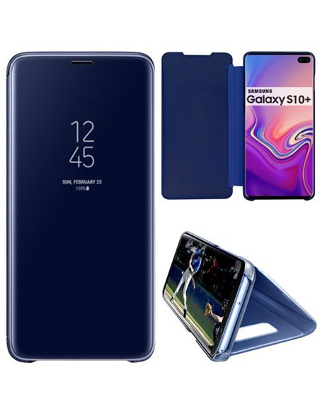 CUSTODIA per SAMSUNG GALAXY S10 PLUS (SM-G975) - FLIP ORIZZONTALE CLEAR VIEW STANDING COVER COLORE BLU