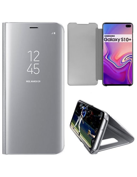 CUSTODIA per SAMSUNG GALAXY S10 PLUS (SM-G975) - FLIP ORIZZONTALE CLEAR VIEW STANDING COVER COLORE SILVER