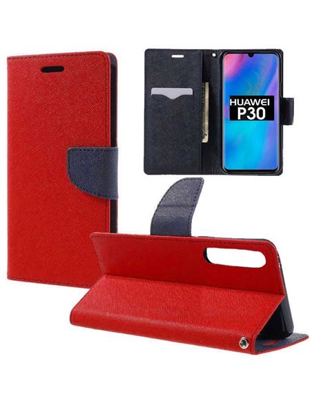 CUSTODIA per HUAWEI P30 - FLIP ORIZZONTALE CON INTERNO IN TPU SILICONE, STAND, PORTA CARTE E CHIUSURA MAGNETICA COLORE ROSSO