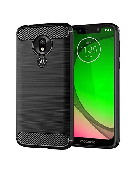 CUSTODIA per MOTOROLA MOTO G7 PLAY IN GEL TPU SILICONE EFFETTO METALLICO CON INSERTI IN FANTASIA CARBONIO NERO