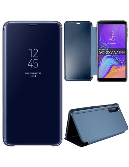 CUSTODIA per SAMSUNG GALAXY A7 2018 (SM-A750) - FLIP ORIZZONTALE CLEAR VIEW STANDING COVER COLORE BLU