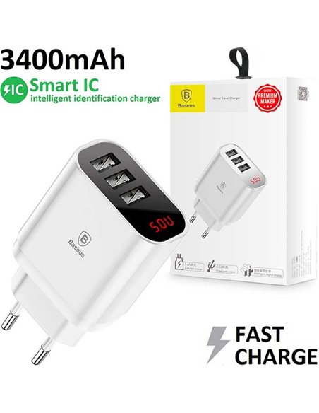 CARICATORE RETE 3400mAh CON 3 PORTE USB (FAST), SISTEMA DI RICARICA INTELLIGENTE E DISPLAY COLORE BIANCO CCALL-BH02 BASEUS