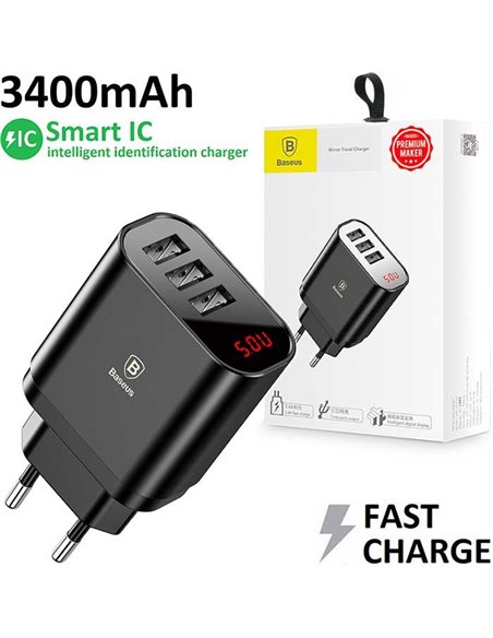 CARICATORE RETE 3400mAh CON 3 PORTE USB (FAST), SISTEMA DI RICARICA INTELLIGENTE E DISPLAY COLORE NERO CCALL-BH01 BASEUS