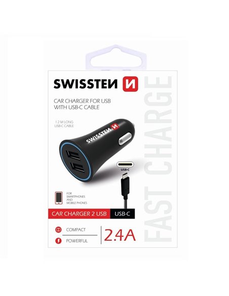 CARICATORE AUTO 2400mAh CON 2 PORTE USB + CAVO TYPE-C LUNGHEZZA 1,2 MT COLORE NERO SWISSTEN 20110908 BLISTER