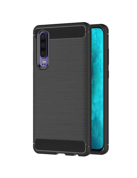 CUSTODIA per HUAWEI P30 IN GEL TPU SILICONE EFFETTO METALLICO CON INSERTI IN FANTASIA CARBONIO COLORE NERO