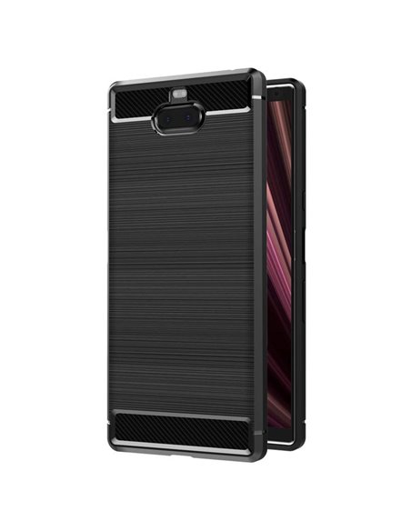 CUSTODIA per SONY XPERIA 10 PLUS, XPERIA XA3 ULTRA IN GEL TPU SILICONE EFFETTO METALLICO CON INSERTI IN FANTASIA CARBONIO NERO