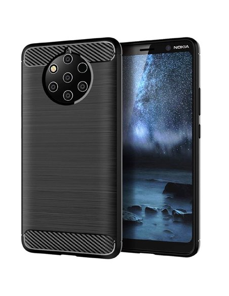 CUSTODIA per NOKIA 9 PUREVIEW IN GEL TPU SILICONE EFFETTO METALLICO CON INSERTI IN FANTASIA CARBONIO COLORE NERO