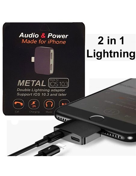 ADATTATORE SDOPPIATORE DA LIGHTNING MASCHIO A 2 PORTE LIGHTNING FEMMINA (AUDIO + RICARICA ALLO STESSO TEMPO) COLORE NERO