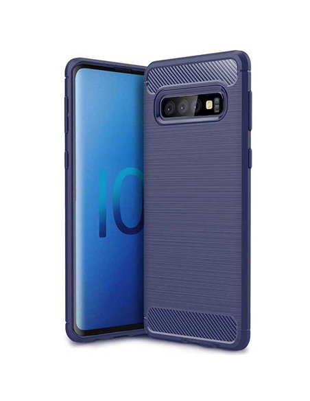 CUSTODIA per SAMSUNG GALAXY S10 (SM-G973) IN GEL TPU SILICONE EFFETTO METALLICO CON INSERTI IN FANTASIA CARBONIO COLORE BLU