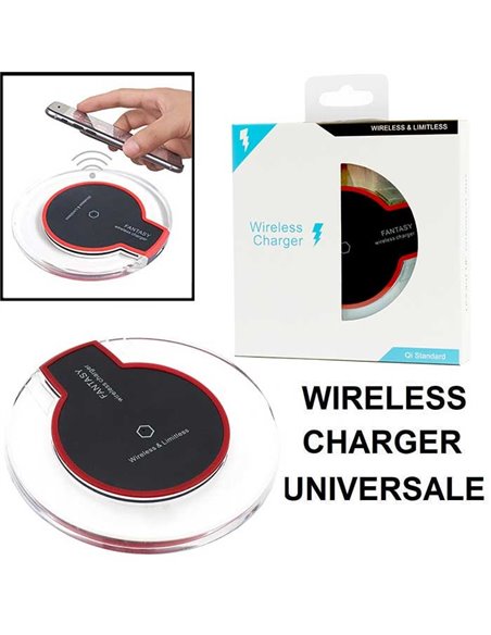 TRAVEL CASA WIRELESS 5W COMPATIBILE CON TUTTI I DISPOSITIVI DOTATI DI TECNOLOGIA QI TRASPARENTE CON RIFINITURE NERE E ROSSE