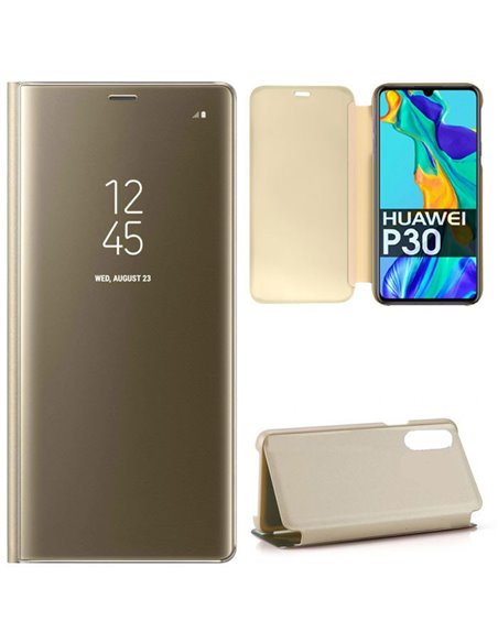 CUSTODIA per HUAWEI P30 - FLIP ORIZZONTALE CLEAR VIEW STANDING COVER COLORE ORO