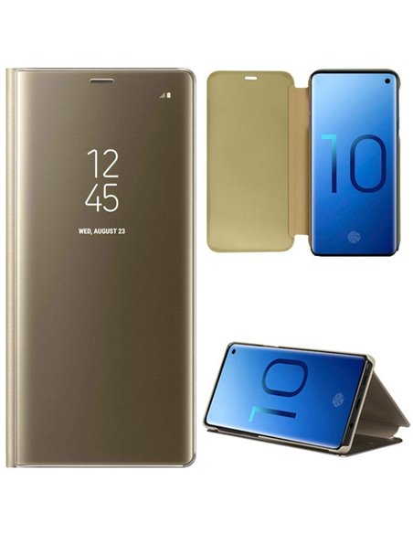 CUSTODIA per SAMSUNG GALAXY S10 (SM-G973) - FLIP ORIZZONTALE CLEAR VIEW STANDING COVER COLORE ORO