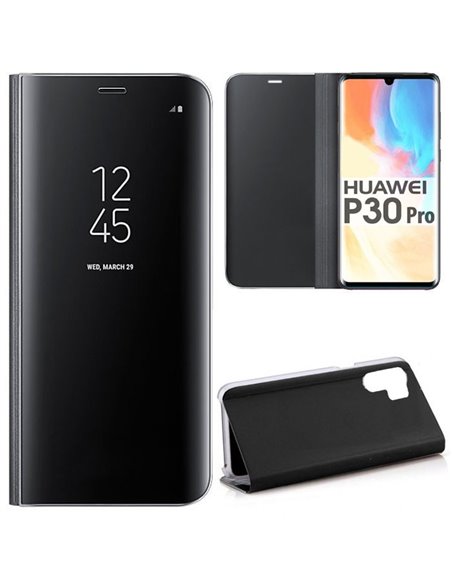 CUSTODIA per HUAWEI P30 PRO, P30 PRO NEW EDITION - FLIP ORIZZONTALE CLEAR VIEW STANDING COVER COLORE NERO