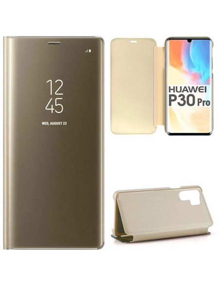 CUSTODIA per HUAWEI P30 PRO, P30 PRO NEW EDITION - FLIP ORIZZONTALE CLEAR VIEW STANDING COVER COLORE ORO