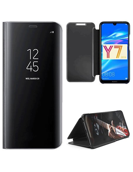 CUSTODIA per HUAWEI Y7 2019, Y7 PRIME 2019, Y7 PRO 2019 - FLIP ORIZZONTALE CLEAR VIEW STANDING COVER COLORE NERO