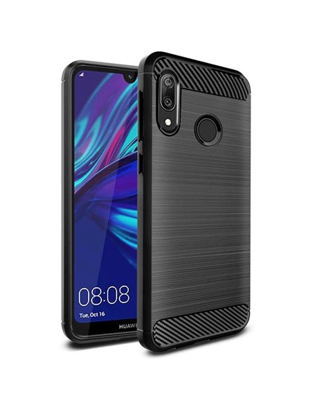 CUSTODIA per HUAWEI Y7 2019, Y7 PRIME 2019, Y7 PRO 2019 IN GEL TPU EFFETTO METALLICO CON INSERTI IN FANTASIA CARBONIO NERO