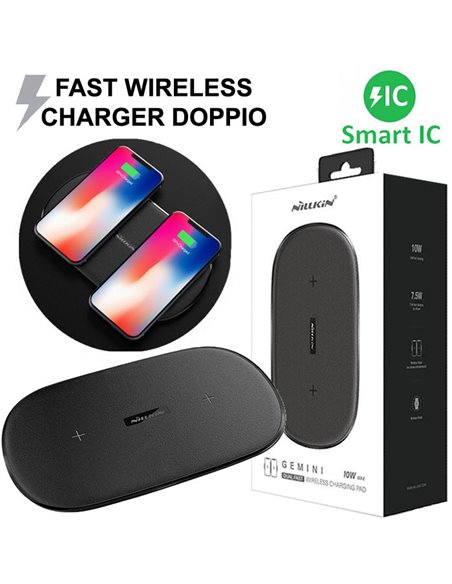 TRAVEL CASA WIRELESS 10W FAST CHARGER con DOPPIA RICARICA SIMULTANEA E CARICAMENTO INTELLIGENTE (SMART IC) COLORE NERO NILLKIN