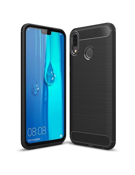 CUSTODIA per HUAWEI Y9 2019, ENJOY 9 PLUS IN GEL TPU EFFETTO METALLICO CON INSERTI IN FANTASIA CARBONIO COLORE NERO