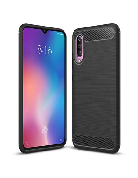 CUSTODIA per XIAOMI MI 9 (6.39') IN GEL TPU SILICONE EFFETTO METALLICO CON INSERTI IN FANTASIA CARBONIO COLORE NERO