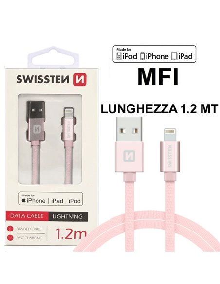 CAVO USB LIGHTNING con CERTIFICATO MFI E CAVO IN TESSUTO - LUNGHEZZA 1.2 MT COLORE ROSA ORO SWISSTEN 71524205 BLISTER