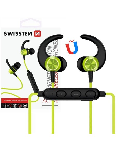 AURICOLARE SPORT STEREO BLUETOOTH 4.2 CON CUFFIE MAGNETICHE, TASTO DI RISPOSTA E MICROFONO COLORE VERDE SWISSTEN