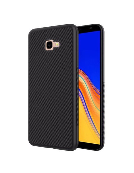 CUSTODIA per SAMSUNG GALAXY J4 PLUS (SM-J415) IN GEL TPU SILICONE SLIM COLORE NERO EFFETTO CARBONIO