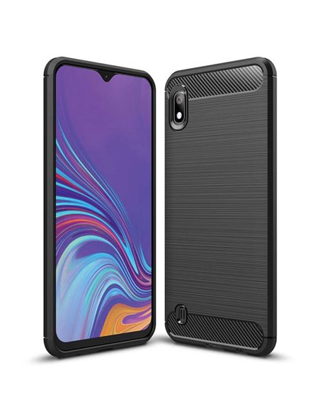 CUSTODIA per SAMSUNG GALAXY A10 (SM-A105) IN GEL TPU SILICONE EFFETTO METALLICO CON INSERTI IN FANTASIA CARBONIO NERO