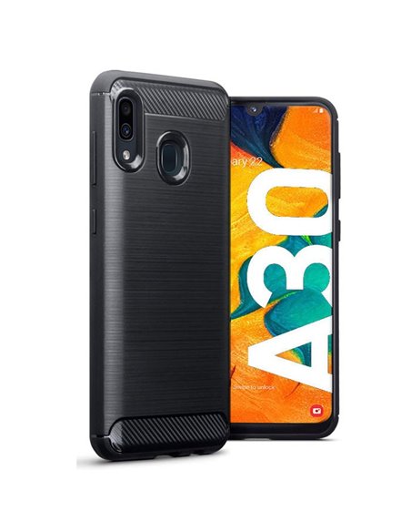 CUSTODIA per SAMSUNG GALAXY A30 (SM-A305), GALAXY A20 (SM-A205) IN GEL TPU EFFETTO METALLICO INSERTI FANTASIA CARBONIO NERO