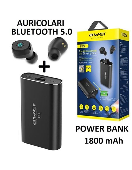 AURICOLARI BLUETOOTH 5.0 CON POWER BANK INTEGRATA 1800 mAh, RIDUZIONE DEL RUMORE E RAGGIO D'AZIONE FINO A 10 MT NERO AWEI