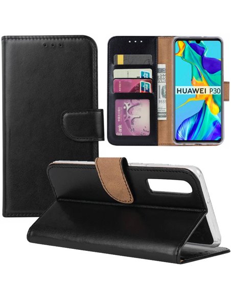 CUSTODIA per HUAWEI P30 - FLIP ORIZZONTALE SIMILPELLE CON CHIUSURA MAGNETICA, STAND E INTERNO IN TPU SILICONE COLORE NERO