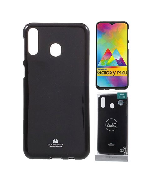 CUSTODIA per SAMSUNG GALAXY M20 (SM-M205) IN GEL TPU SILICONE COLORE NERO LUCIDO CON GLITTER ALTA QUALITA' MERCURY BLISTER