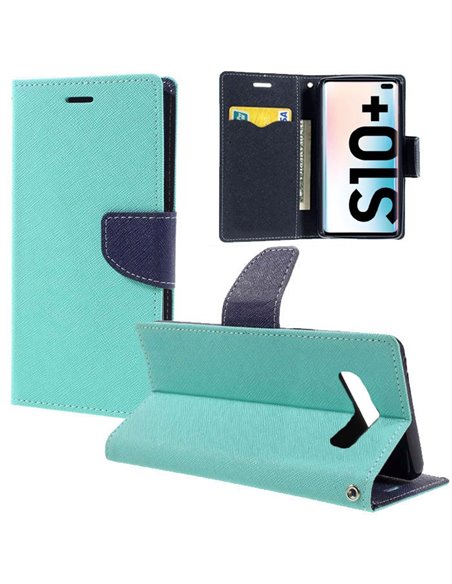 CUSTODIA per SAMSUNG GALAXY S10 PLUS (SM-G975) - FLIP ORIZZONTALE CON STAND, INTERNO IN TPU E PORTA CARTE COLORE VERDE ACQUA