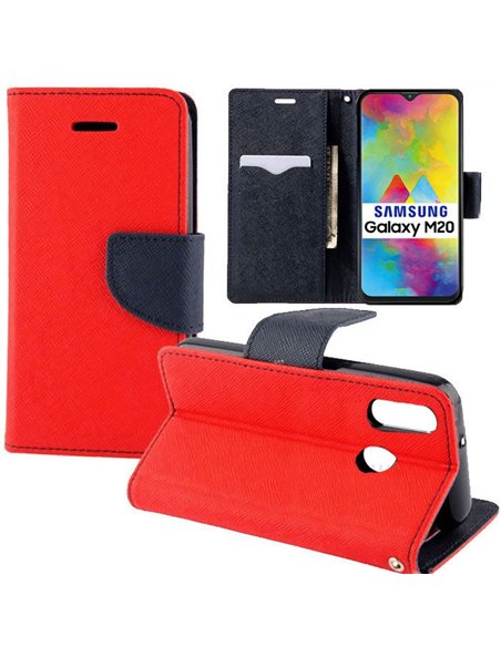 CUSTODIA per  SAMSUNG GALAXY M20 (SM-M205) - FLIP ORIZZONTALE CON STAND, INTERNO IN TPU SILICONE E TASCHE PORTA CARTE COLORE ROS