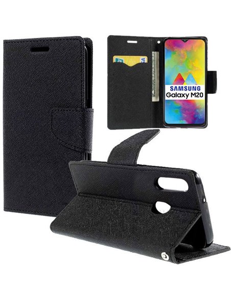 CUSTODIA per  SAMSUNG GALAXY M20 (SM-M205) - FLIP ORIZZONTALE CON STAND, INTERNO IN TPU SILICONE E TASCHE PORTA CARTE COLORE NER