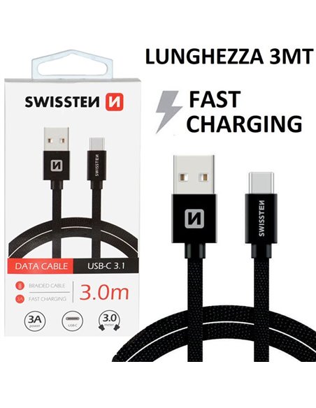 CAVO USB TYPE-C 3.1 FAST CHARGER IN TESSUTO - LUNGHEZZA 3 MT COLORE NERO SWISSTEN 71527900 BLISTER