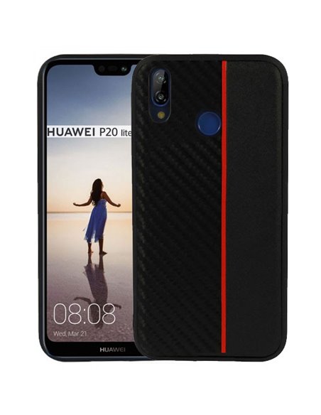 CUSTODIA per HUAWEI P20 LITE IN GEL TPU SILICONE COLORE NERO EFFETTO CARBONIO CON INSERTO ROSSO