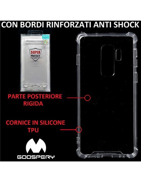 CUSTODIA per SAMSUNG GALAXY S9 PLUS - PARTE POSTERIORE RIGIDA, CORNICE IN SILICONE TRASPARENTE E BORDI RINFORZATI ANTI SHOCK