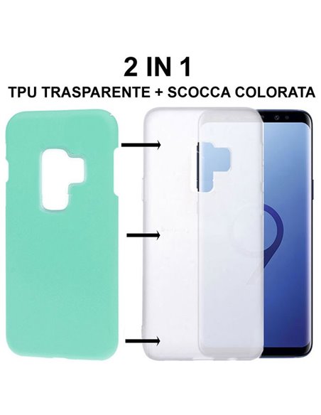 CUSTODIA per SAMSUNG GALAXY S9 PLUS (SM-G965) - 2 IN 1: GEL TPU SEMITRASPARENTE + SCOCCA RIGIDA RIMOVIBILE VERDE ACQUA